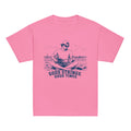 GO2X Good Strings Good Times youth lacrosse shirt with male design in Azalea, front view