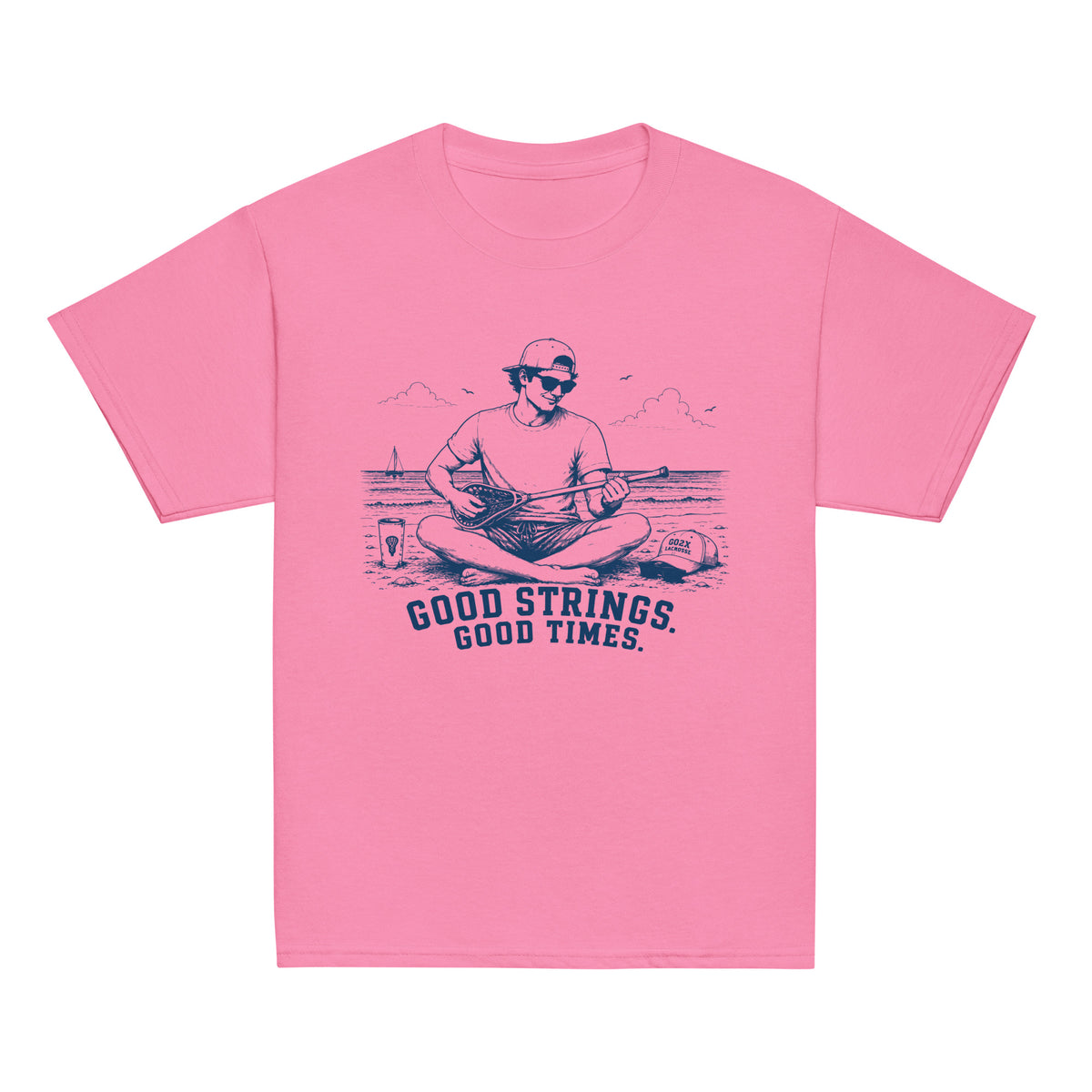 GO2X Good Strings Good Times youth lacrosse shirt with male design in Azalea, front view