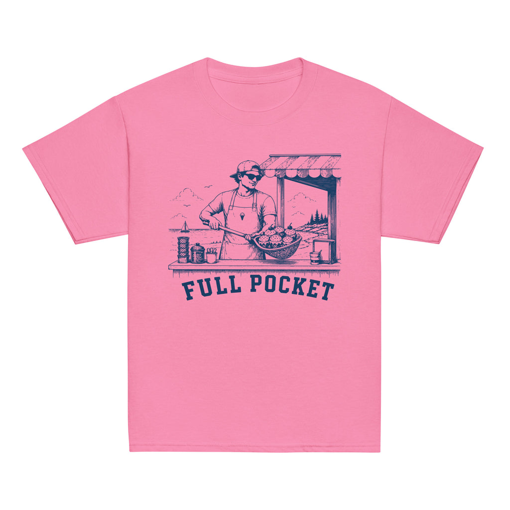 GO2X Full Pocket youth lacrosse shirt with male design in Azalea, front view