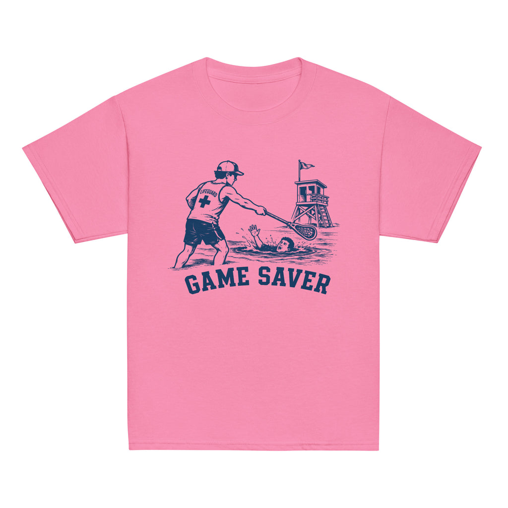 GO2X Game Saver youth lacrosse shirt with male design in Azalea, front view