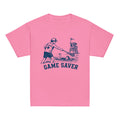 GO2X Game Saver youth lacrosse shirt with male design in Azalea, front view
