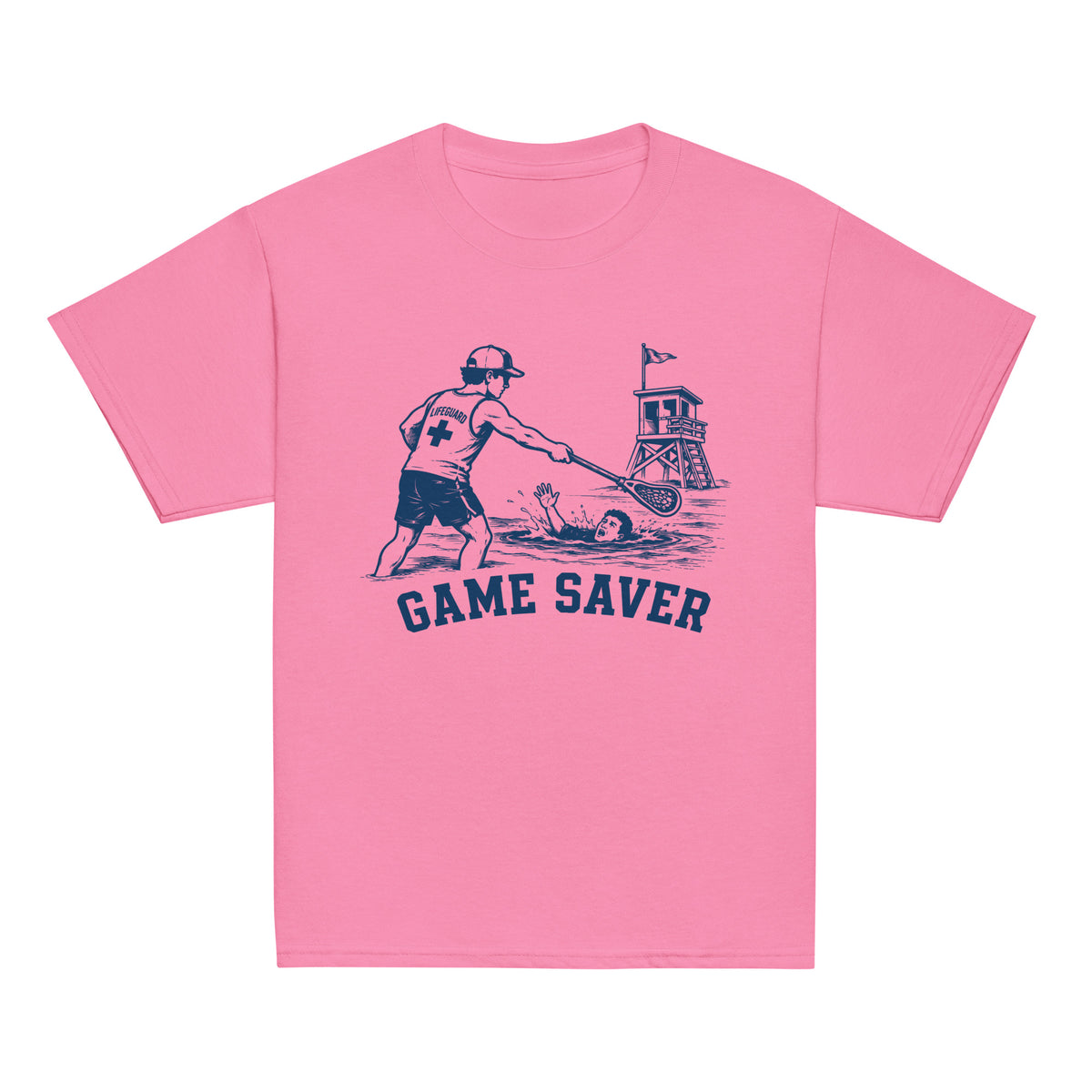 GO2X Game Saver youth lacrosse shirt with male design in Azalea, front view