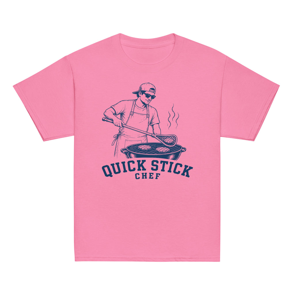 GO2X Quick Stick Chef youth lacrosse shirt with male design in Azalea, front view