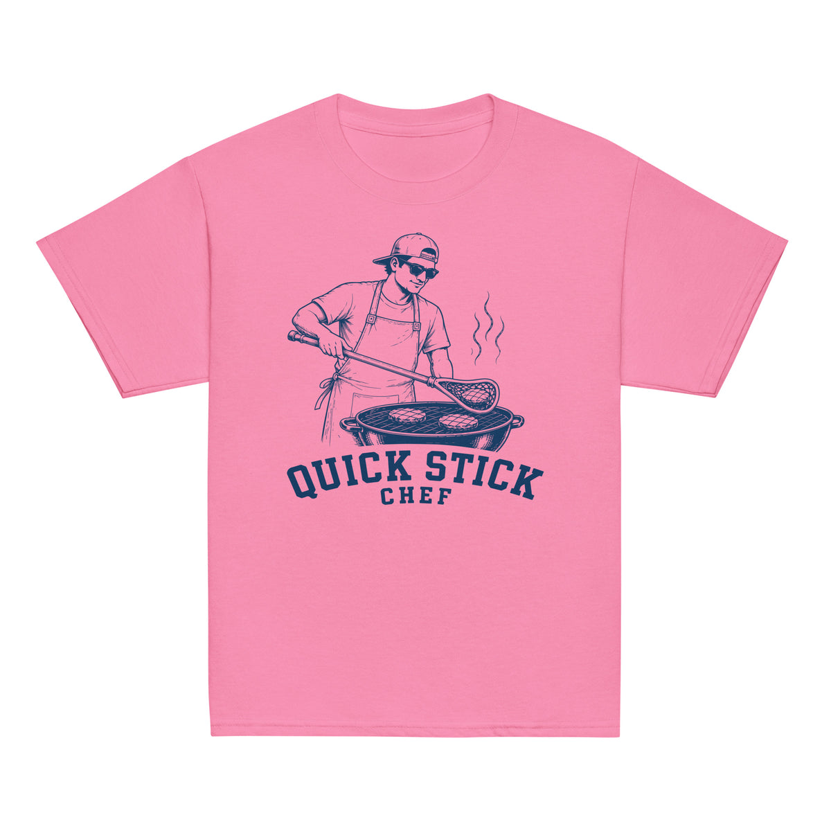 GO2X Quick Stick Chef youth lacrosse shirt with male design in Azalea, front view