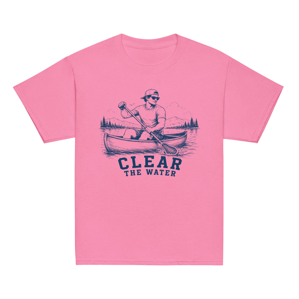 GO2X Clear the Water youth lacrosse shirt with male design in Azalea, front view