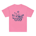 GO2X Clear the Water youth lacrosse shirt with male design in Azalea, front view