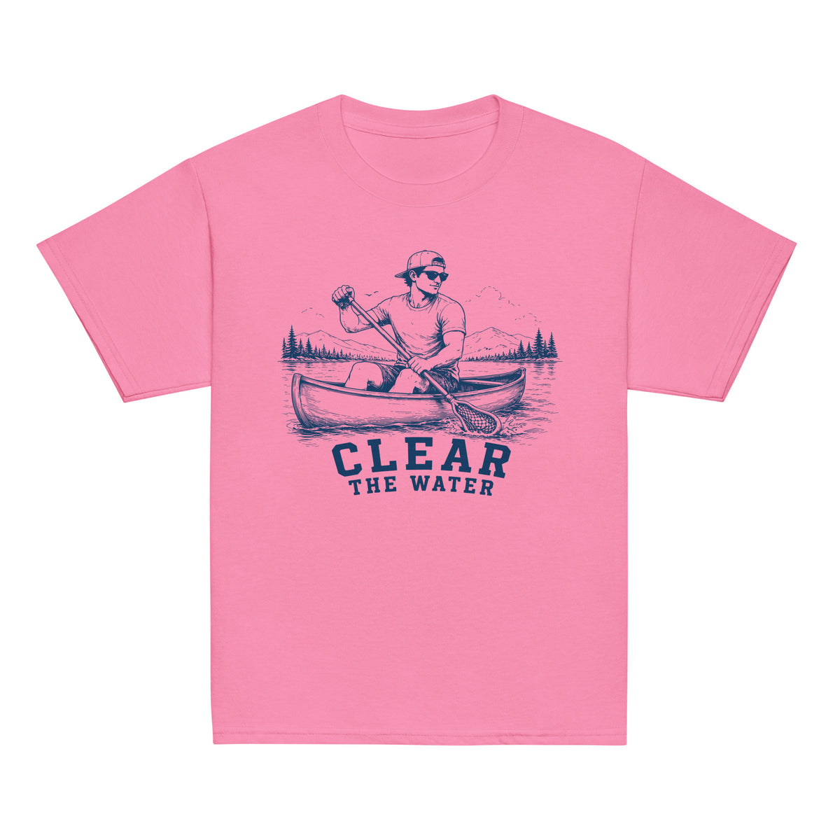 GO2X Clear the Water youth lacrosse shirt with male design in Azalea, front view
