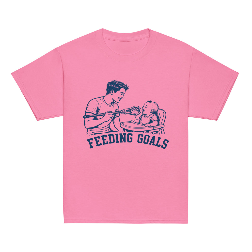 GO2X Feeding Goals youth lacrosse shirt with male design in Azalea, front view