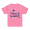 GO2X Feeding Goals youth lacrosse shirt with male design in Azalea, front view