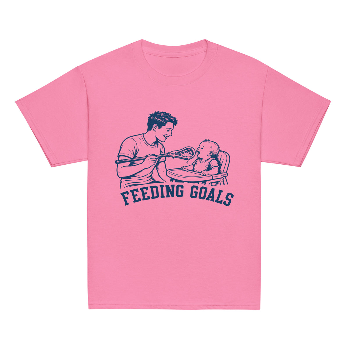 GO2X Feeding Goals youth lacrosse shirt with male design in Azalea, front view