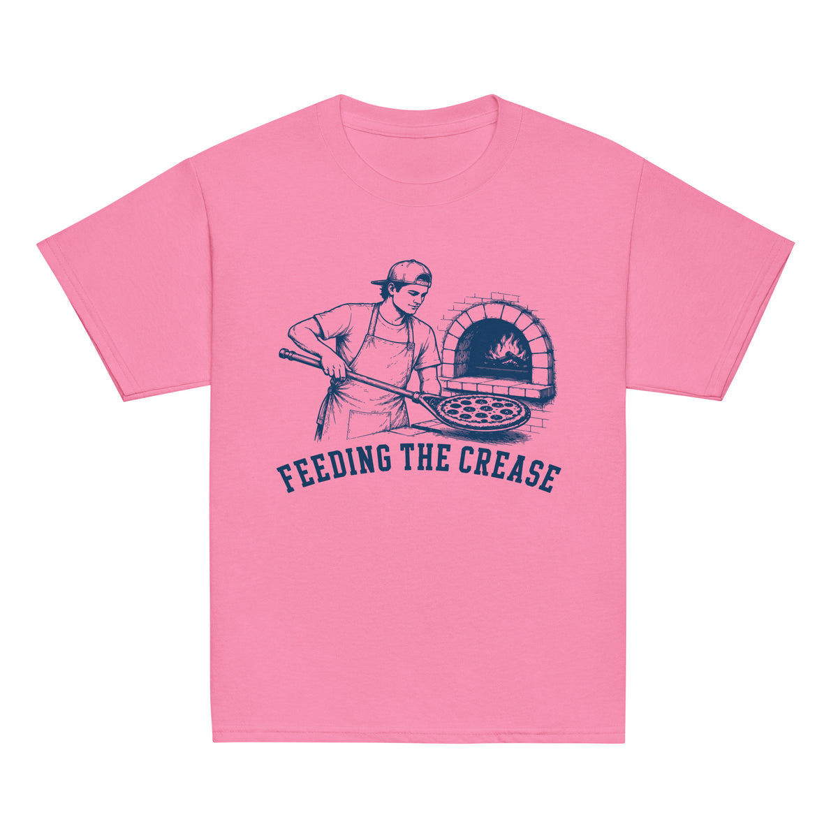 GO2X Feeding the Crease youth lacrosse shirt with male design in Azalea, front view