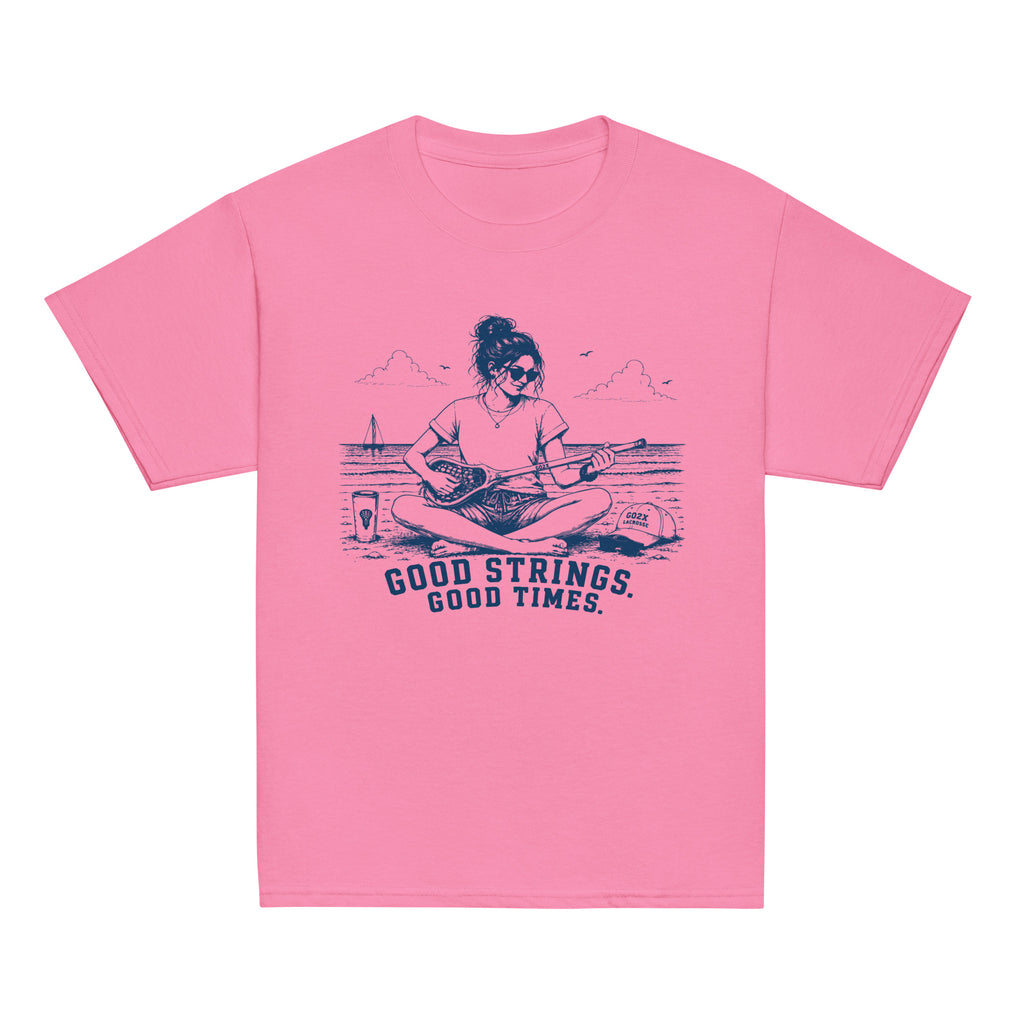GO2X Good Strings Good Times youth lacrosse shirt with female design in Azalea, front view