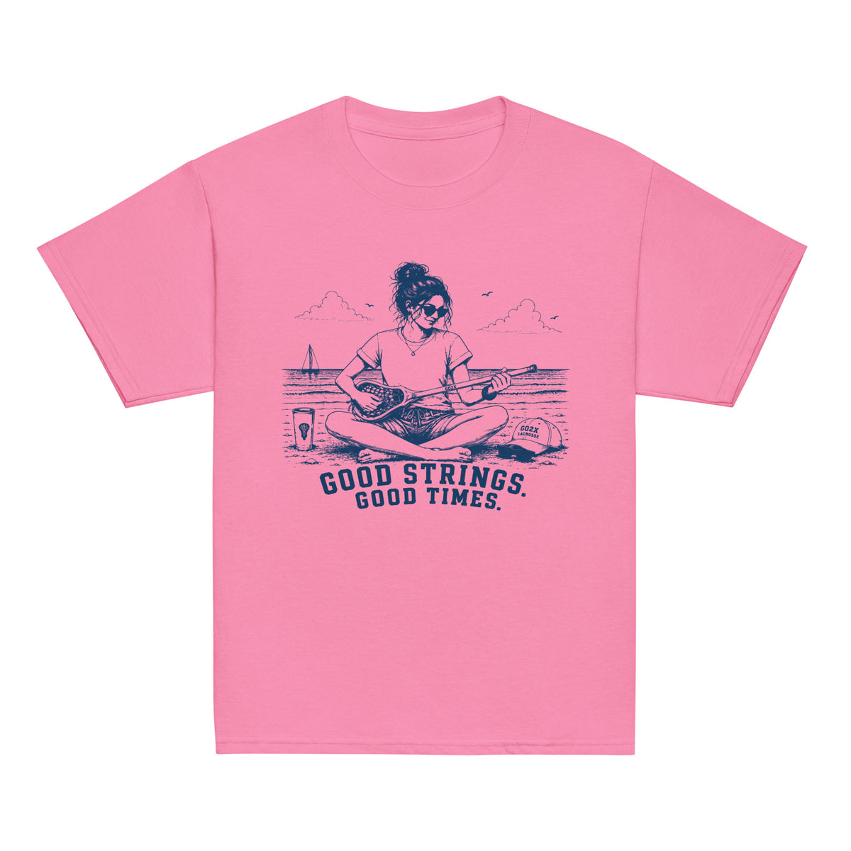 GO2X Good Strings Good Times youth lacrosse shirt with female design in Azalea, front view