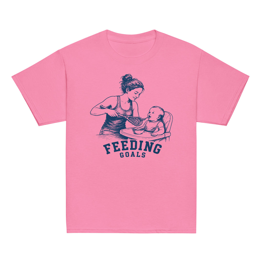 GO2X Feeding Goals youth lacrosse shirt with female design in Azalea, front view