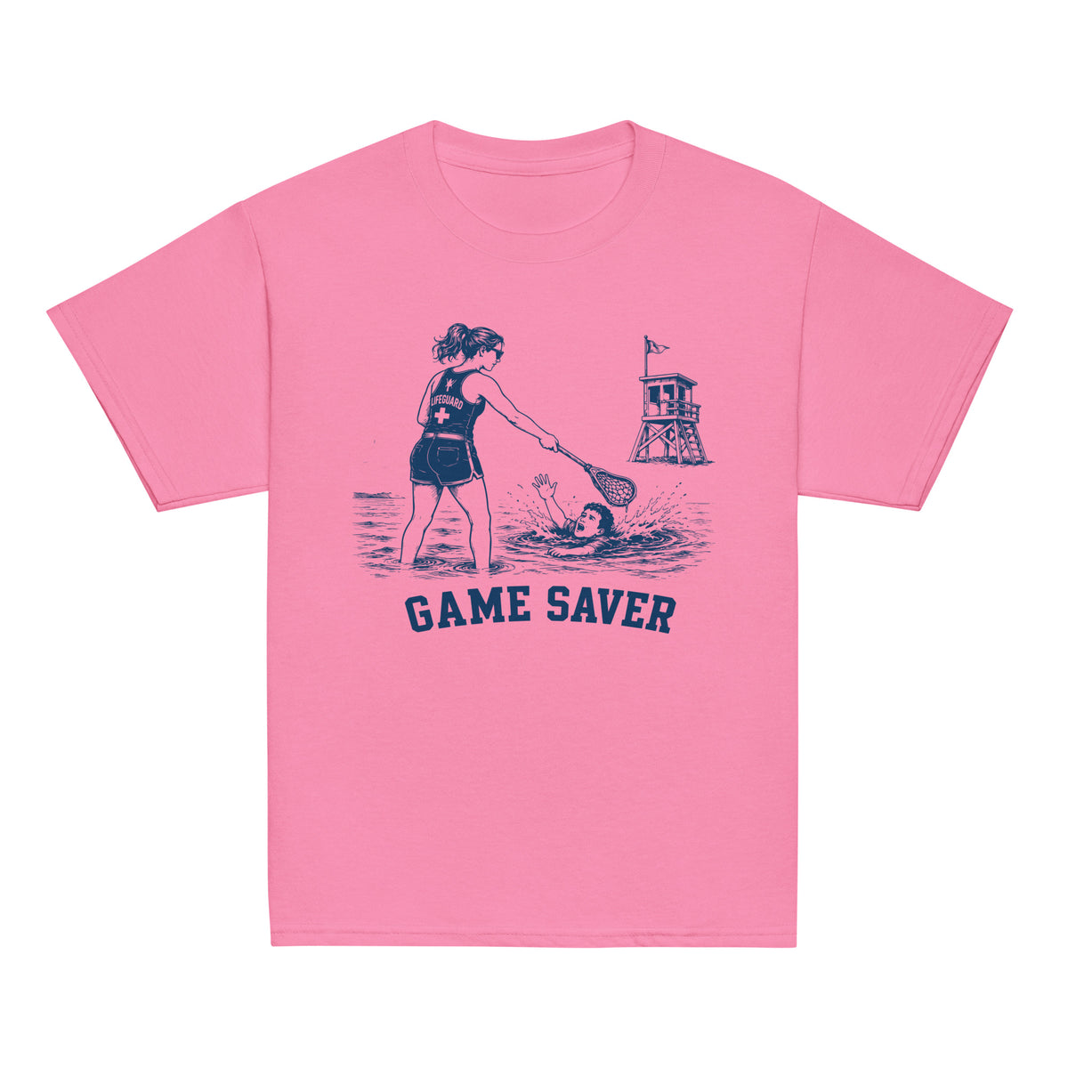 GO2X Game Saver youth lacrosse shirt with female design in Azalea, front view