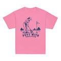 GO2X Putt with Precision youth lacrosse shirt with female design in Azalea, front view