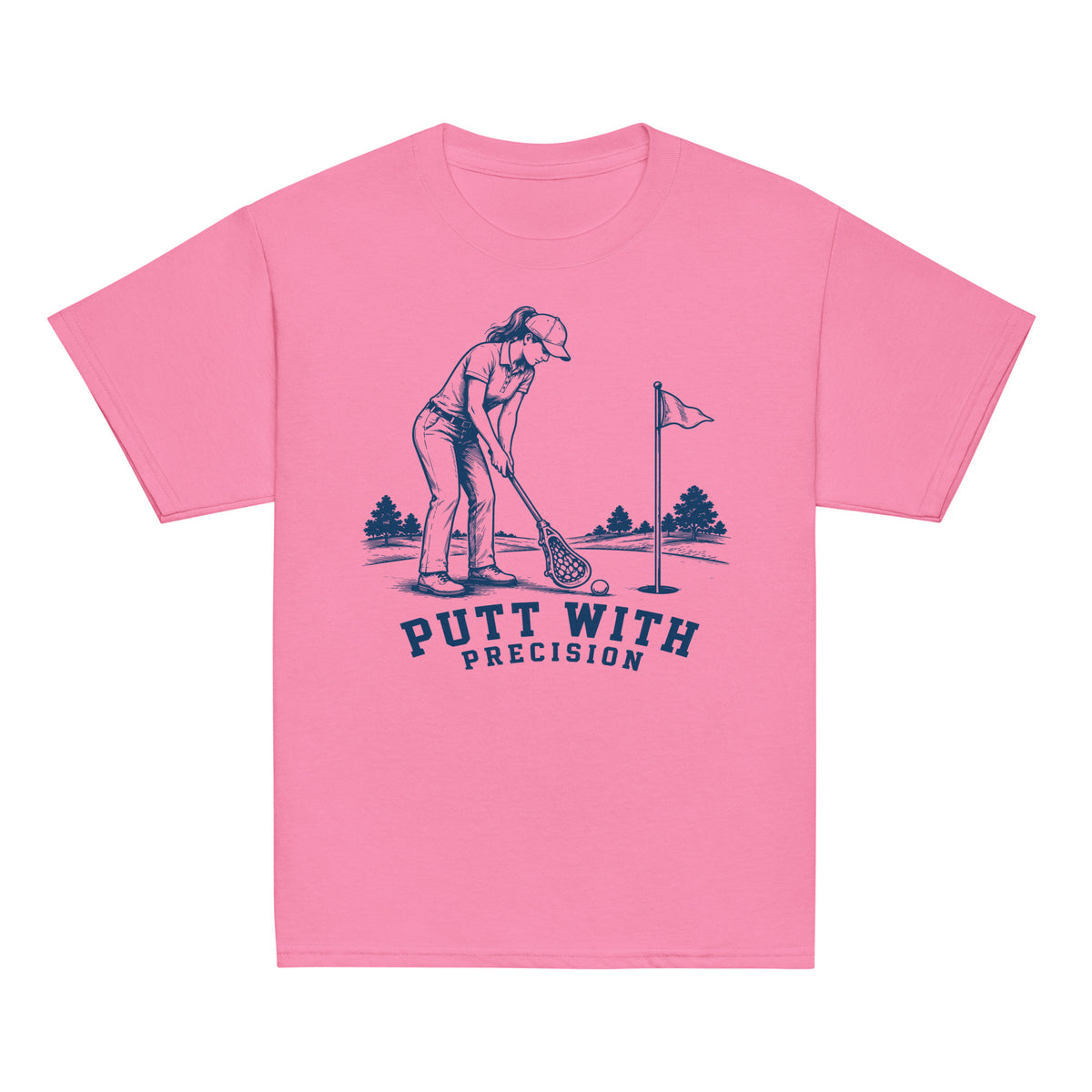 GO2X Putt with Precision youth lacrosse shirt with female design in Azalea, front view