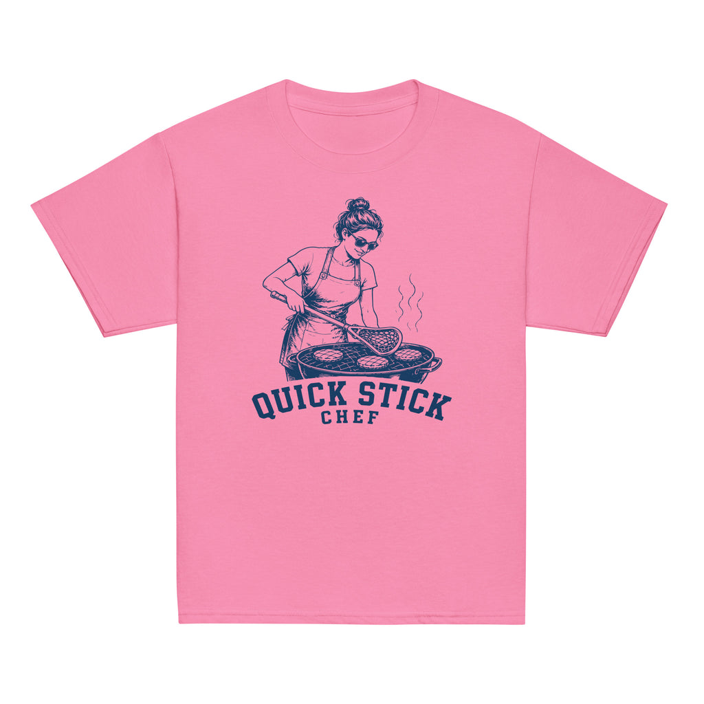 GO2X Quick Stick Chef youth lacrosse shirt with female design in Azalea, front view
