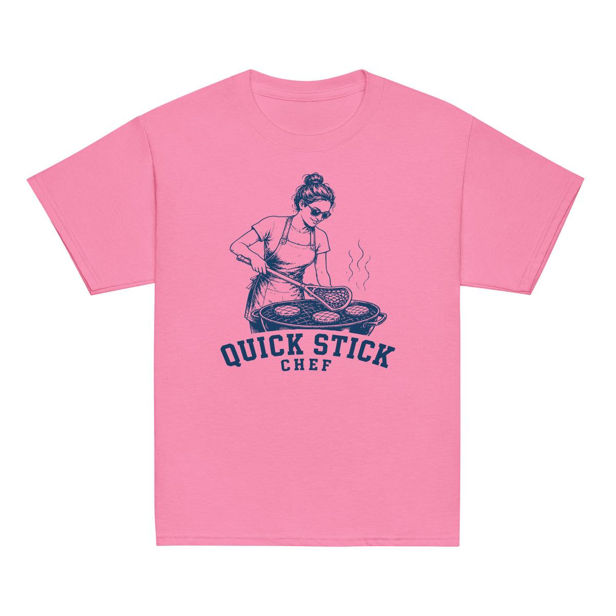 GO2X Quick Stick Chef youth lacrosse shirt with female design in Azalea, front view