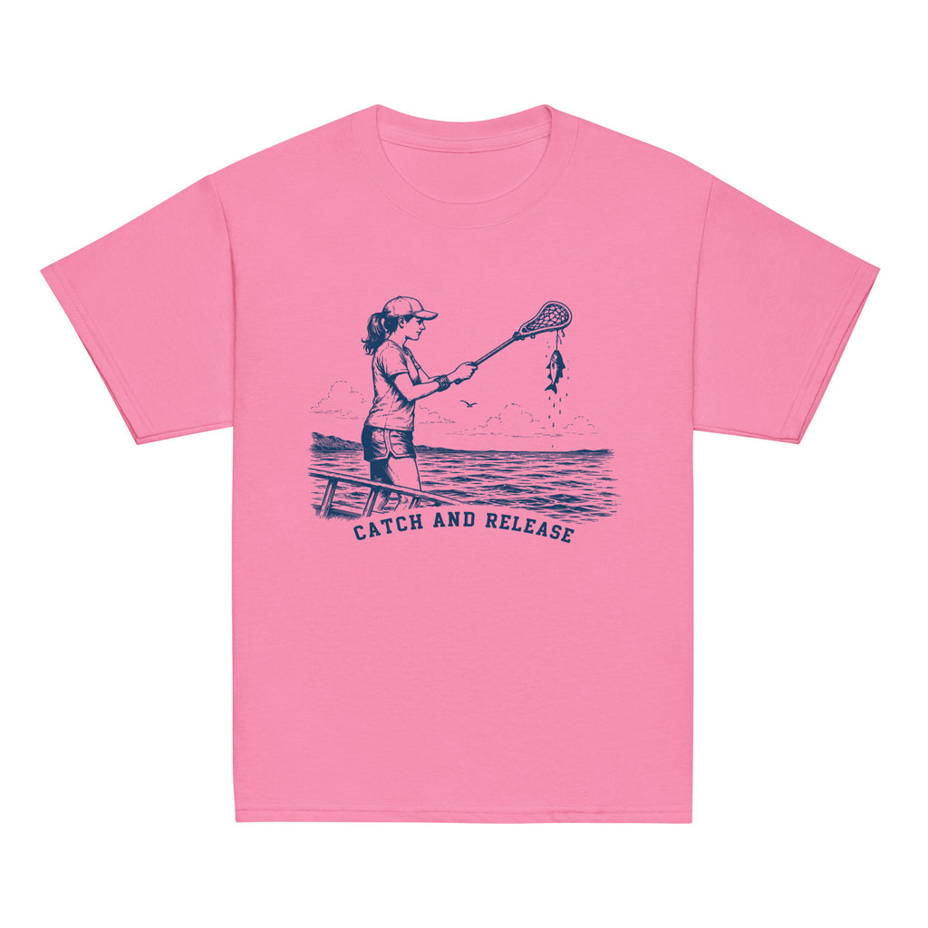 GO2X Catch and Release youth lacrosse shirt with female design in Azalea, front view