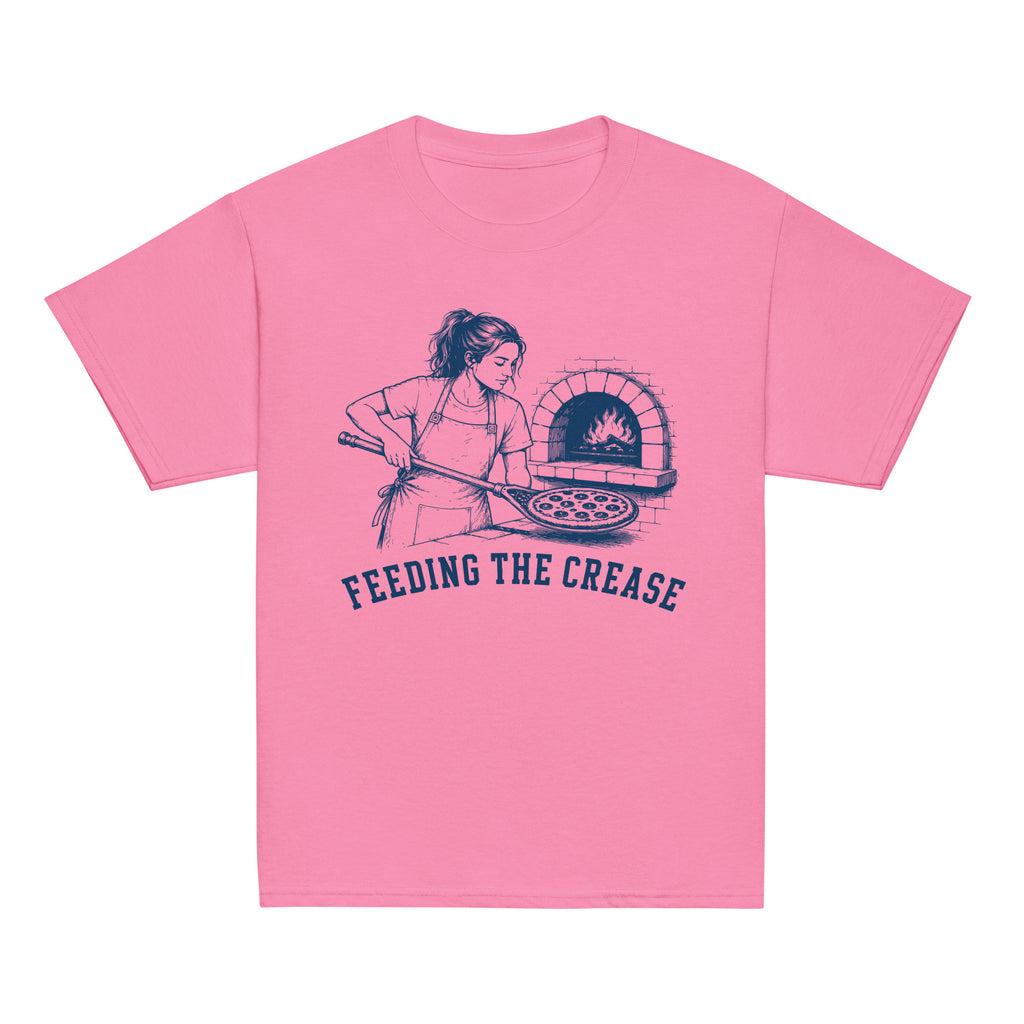 GO2X Feeding the Crease youth lacrosse shirt with female design in Azalea, front view