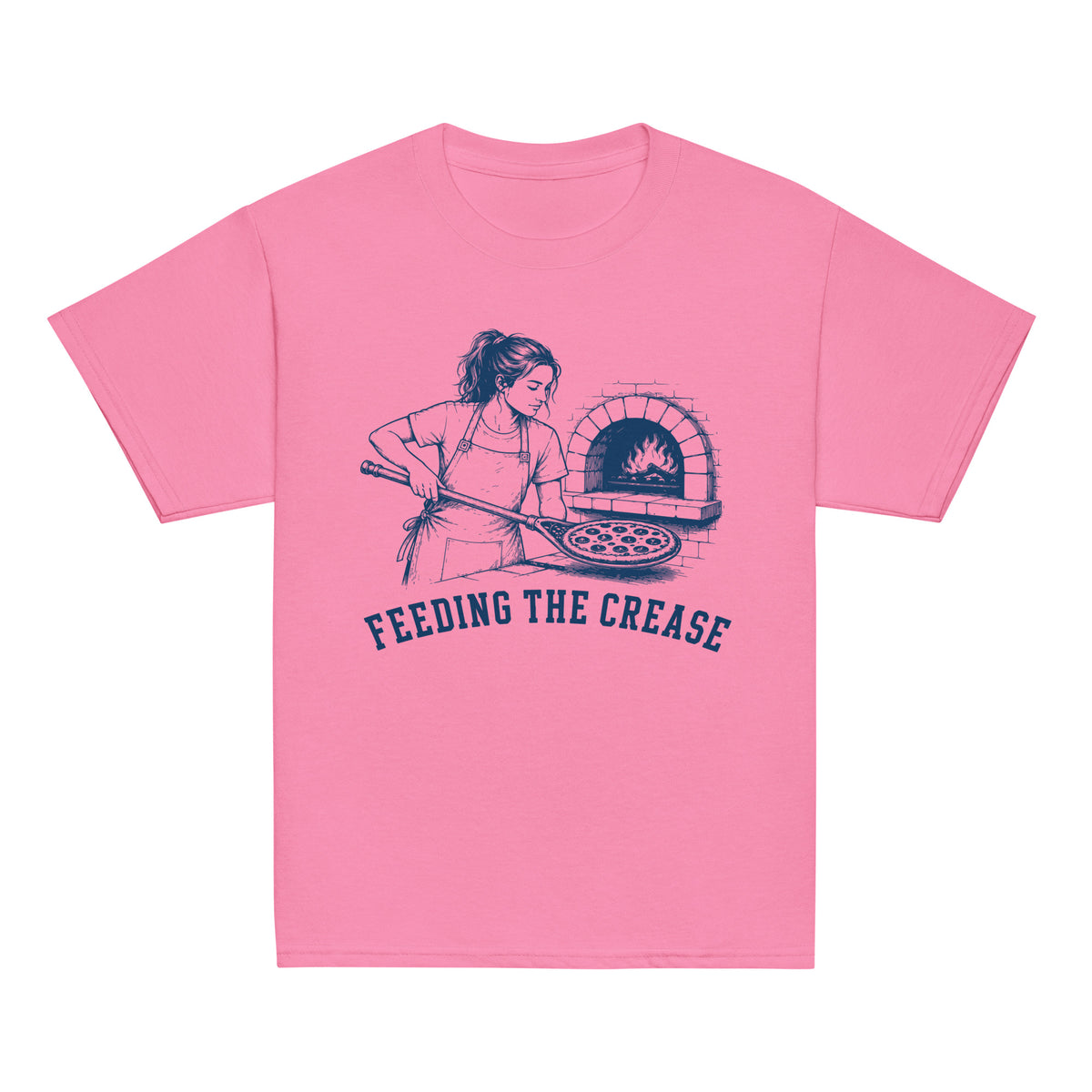 GO2X Feeding the Crease youth lacrosse shirt with female design in Azalea, front view