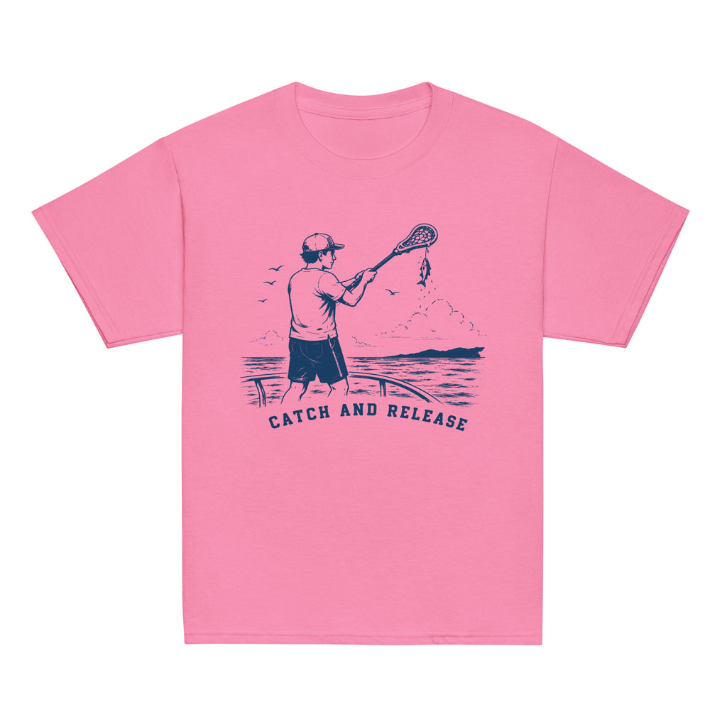 GO2X Catch and Release youth lacrosse shirt with male design in Azalea, front view