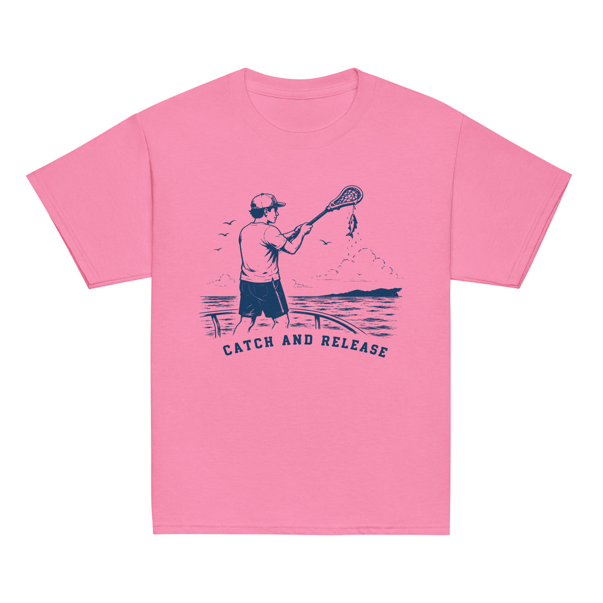 GO2X Catch and Release youth lacrosse shirt with male design in Azalea, front view