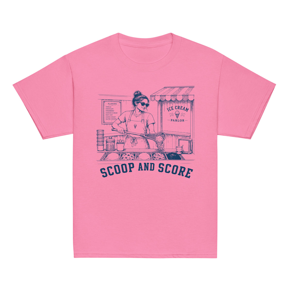 GO2X Scoop and Score youth lacrosse shirt with female design in Azalea, front view