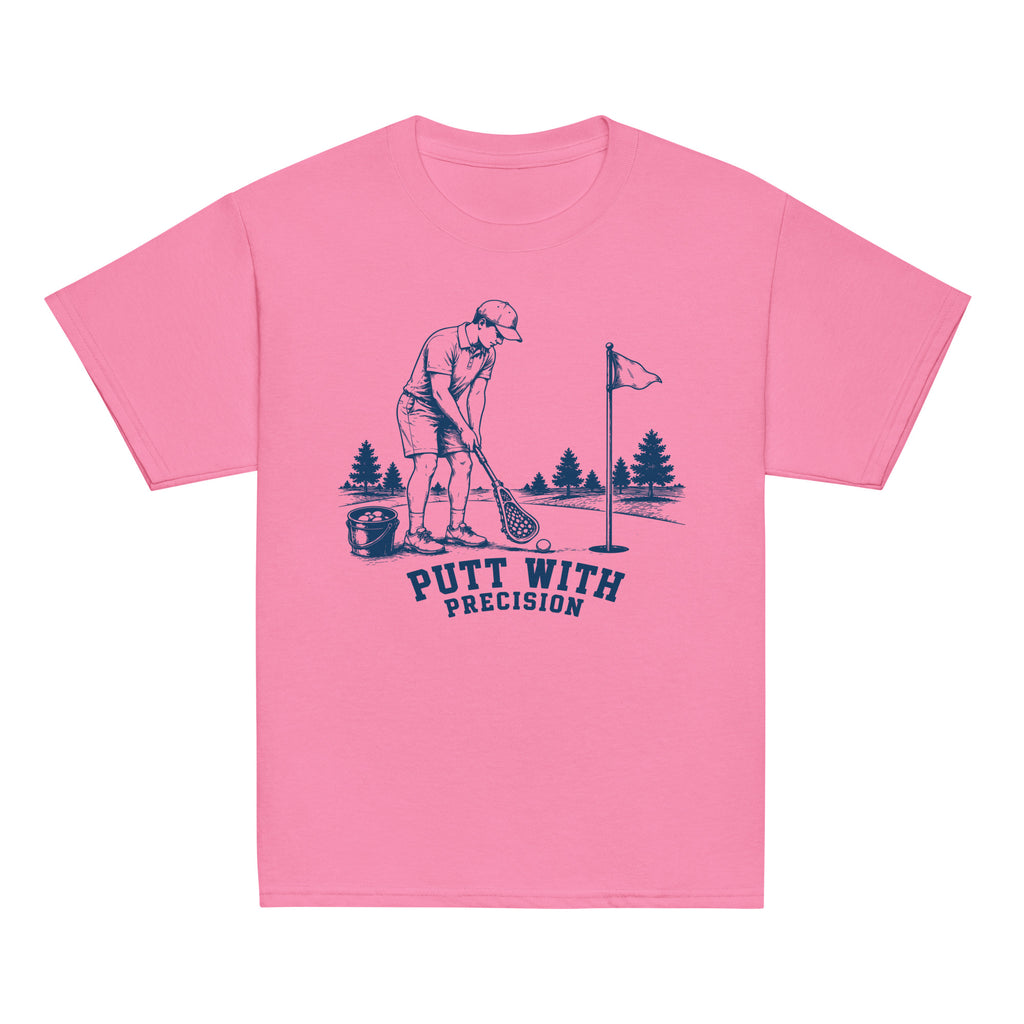 GO2X Putt with Precision youth lacrosse shirt with male design in Azalea, front view