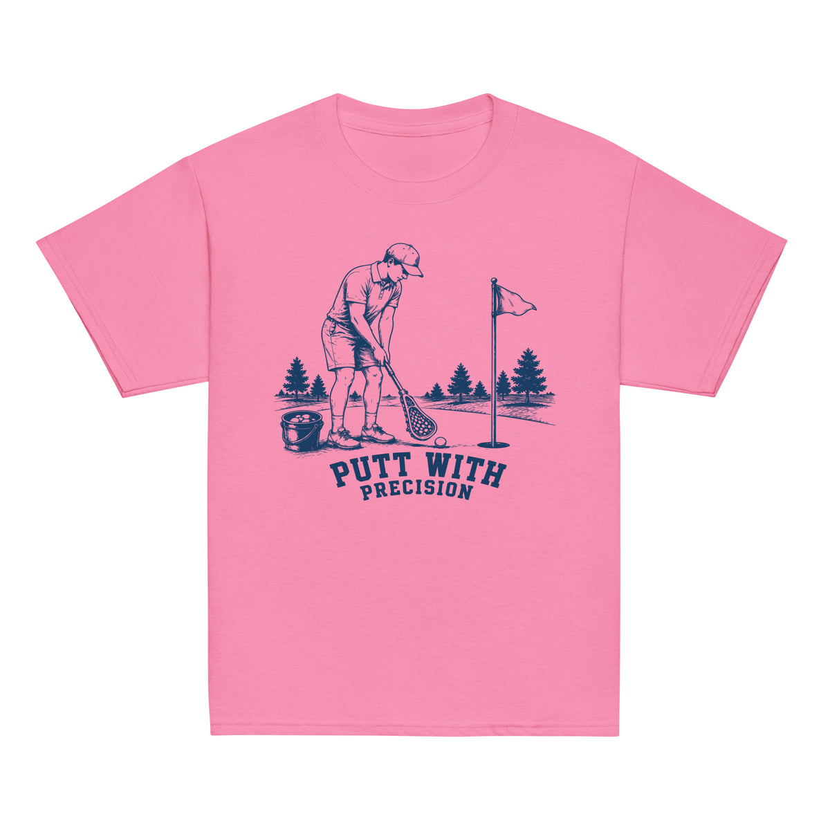GO2X Putt with Precision youth lacrosse shirt with male design in Azalea, front view