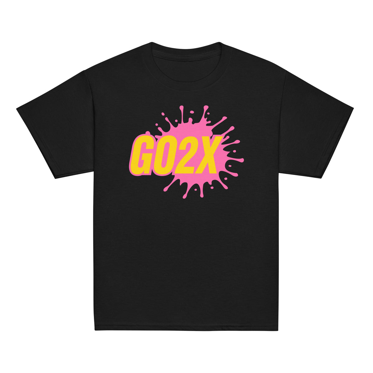 GO2X Classic youth lacrosse shirt with pink & yellow logo in Black, front view