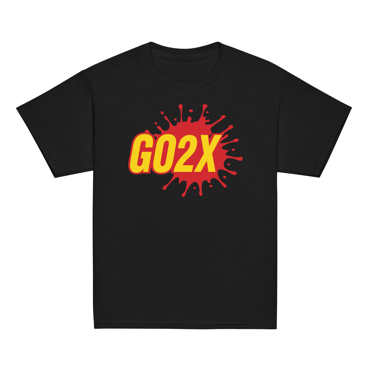 GO2X Classic youth lacrosse shirt with red & yellow logo in Black, front view