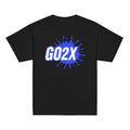 GO2X Classic youth lacrosse shirt with blue & white logo in Black, front view