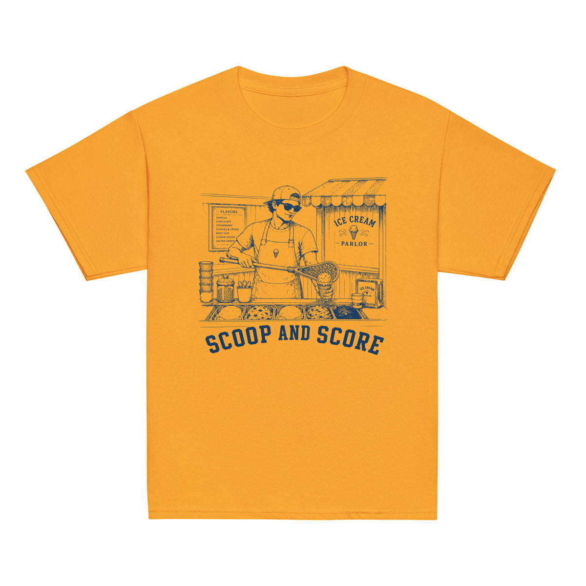 GO2X Scoop and Score youth lacrosse shirt with male design in Gold, front view