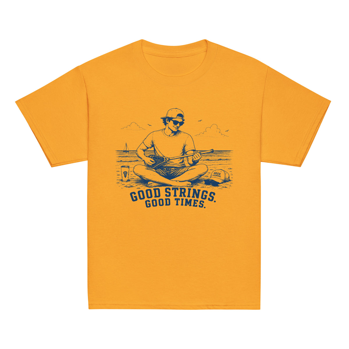 GO2X Good Strings Good Times youth lacrosse shirt with male design in Gold, front view