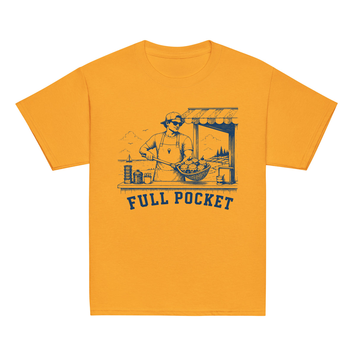 GO2X Full Pocket youth lacrosse shirt with male design in Gold, front view