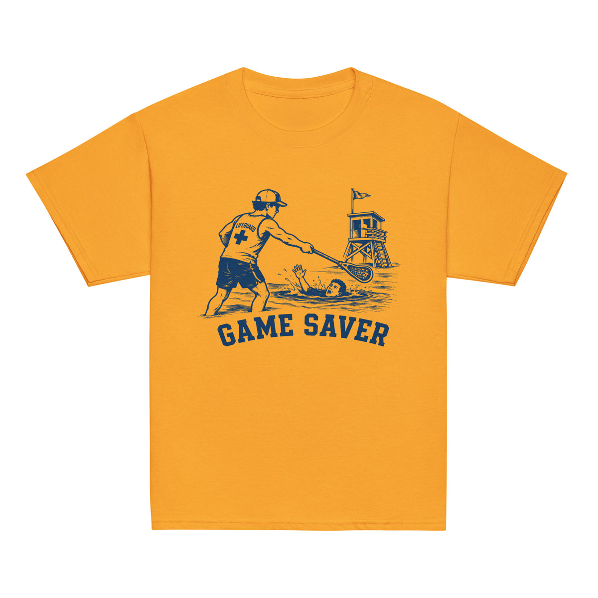 GO2X Game Saver youth lacrosse shirt with male design in Gold, front view