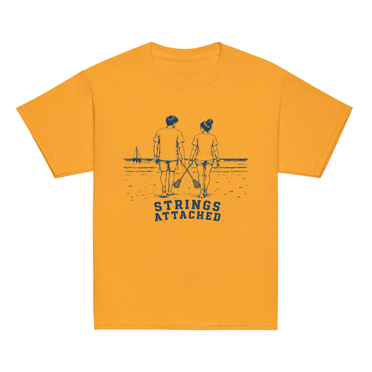 GO2X Strings Attached youth lacrosse shirt in Gold, front view
