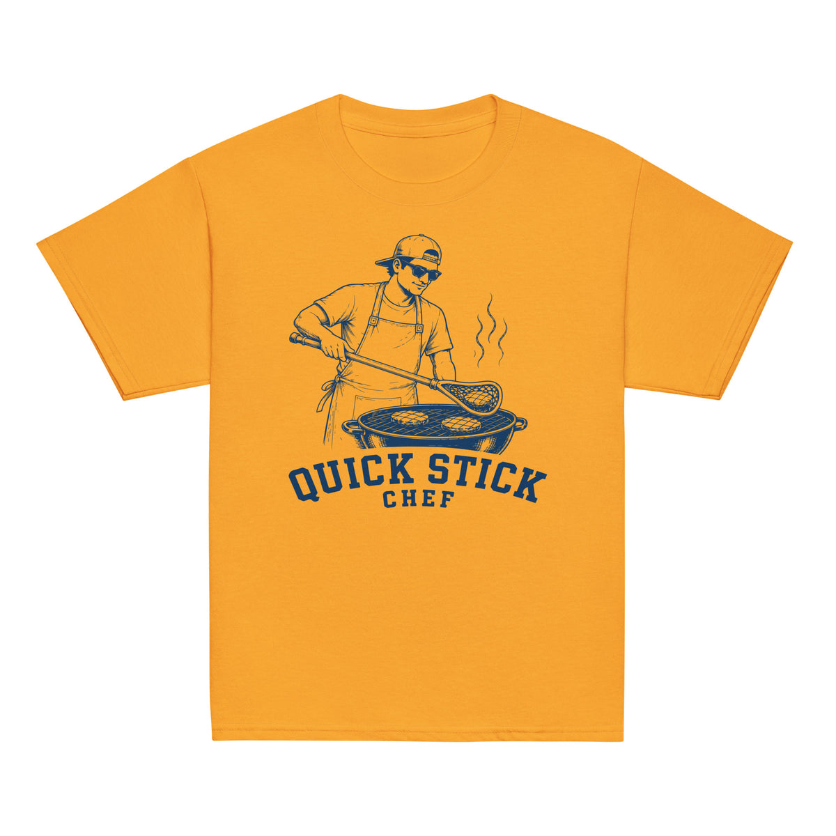 GO2X Quick Stick Chef youth lacrosse shirt with male design in Gold, front view