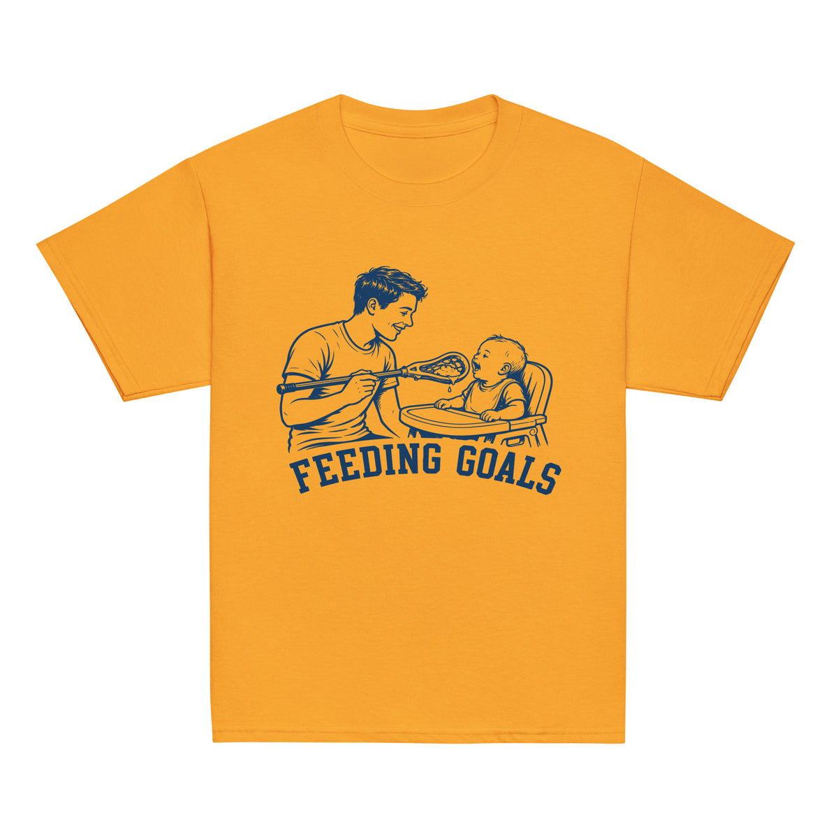 GO2X Feeding Goals youth lacrosse shirt with male design in Gold, front view