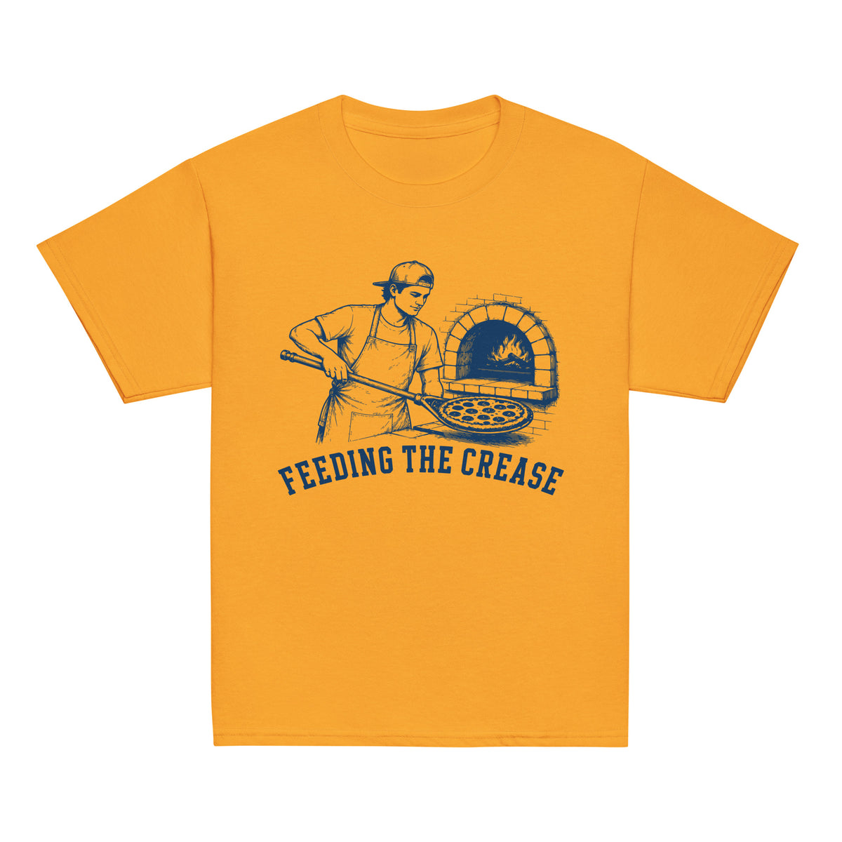 GO2X Feeding the Crease youth lacrosse shirt with male design in Gold, front view