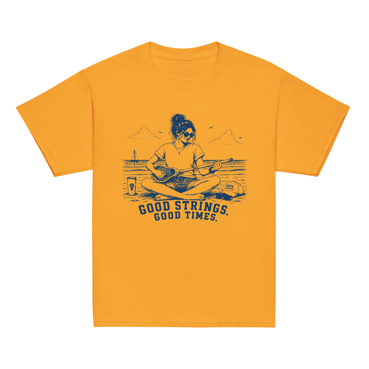 GO2X Good Strings Good Times youth lacrosse shirt with female design in Gold, front view