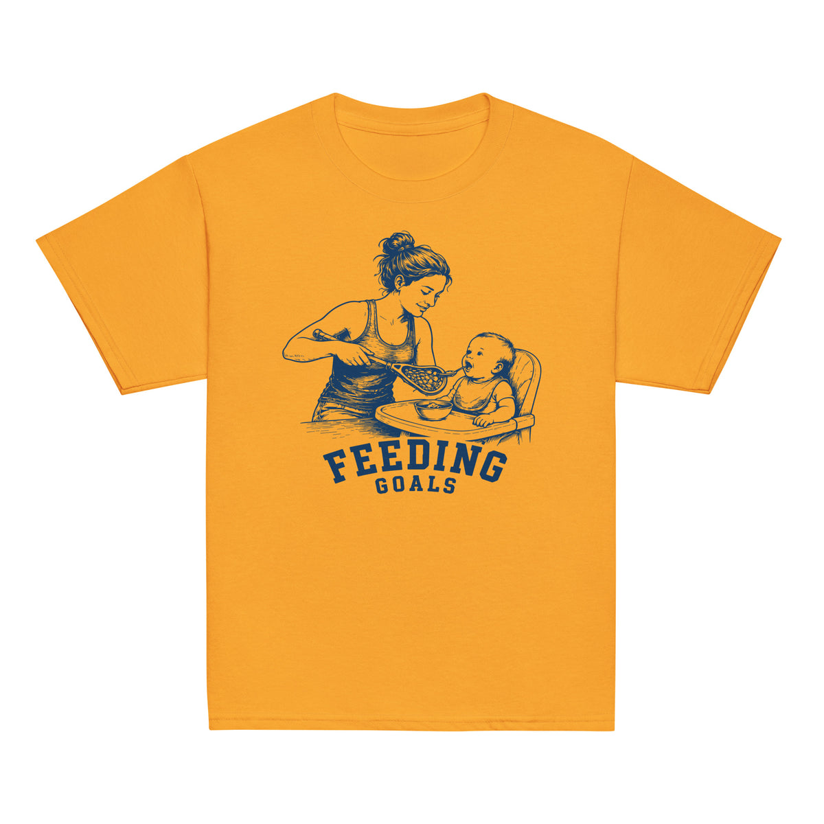 GO2X Feeding Goals youth lacrosse shirt with female design in Gold, front view
