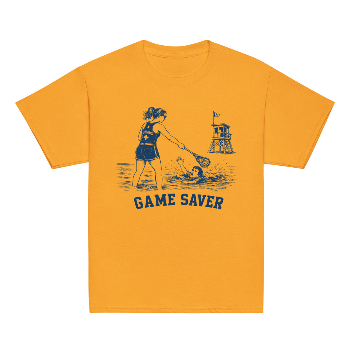 GO2X Game Saver youth lacrosse shirt with female design in Gold, front view