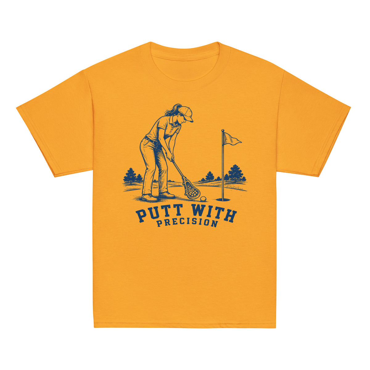 GO2X Putt with Precision youth lacrosse shirt with female design in Gold, front view