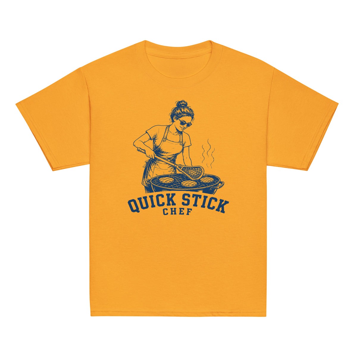 GO2X Quick Stick Chef youth lacrosse shirt with female design in Gold, front view