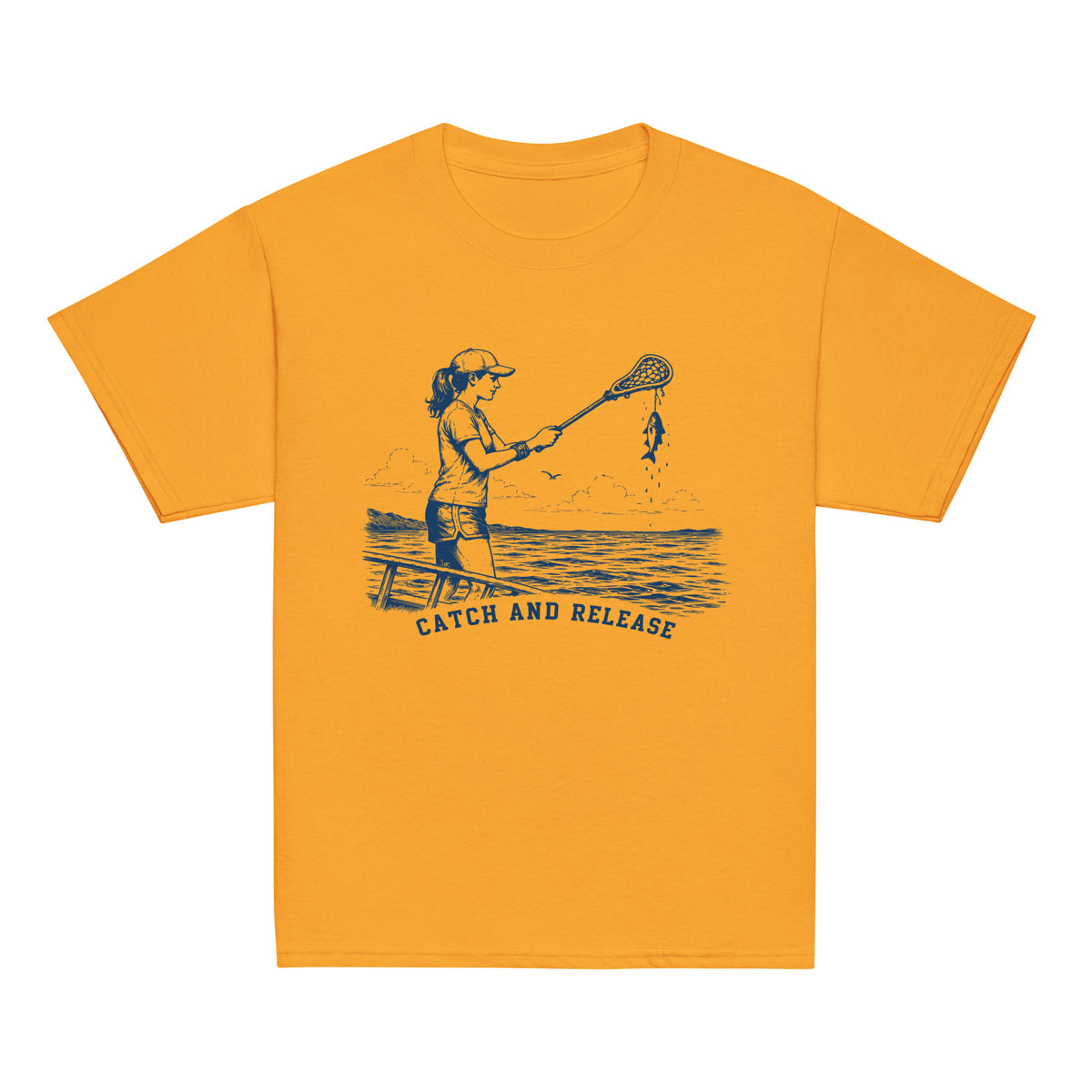 GO2X Catch and Release youth lacrosse shirt with female design in Gold, front view