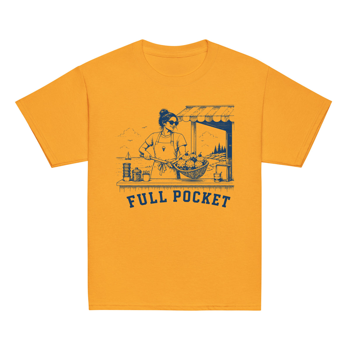 GO2X Full Pocket youth lacrosse shirt with female design in Gold, front view