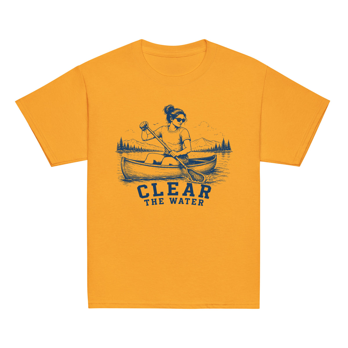 GO2X Clear the Water youth lacrosse shirt with female design in Gold, front view